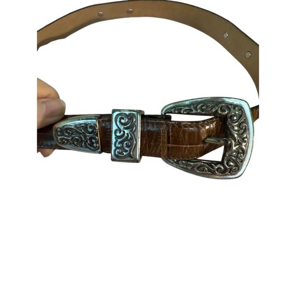 Vintage Brighton Brown 1984 Leather Croc w/3 Piece Silver Buckle Set   M - Picture 2 of 9